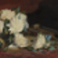 Still life painting of cream or yellow roses on a table partially obscuring a violin or fiddle sit on a red patterned table cloth. Red and brown background. 