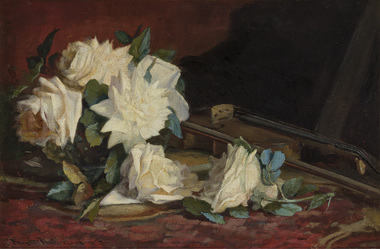 Still life painting of cream or yellow roses on a table partially obscuring a violin or fiddle sit on a red patterned table cloth. Red and brown background. 