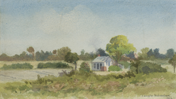 Watercolour of a rural landscape with a small white farmhouse in the centre surrounded by vegetation and blue sky above.