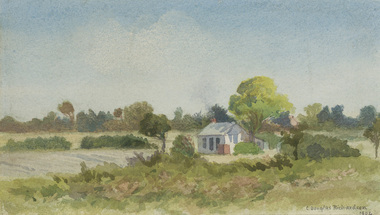 Watercolour of a rural landscape with a small white farmhouse in the centre surrounded by vegetation and blue sky above.