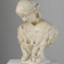 Cream plaster bust of woman. Her hair is parted at the centre, and her head is slightly bowed. She wears a garment with a square neckline. Trumpet lilies cover her bust.