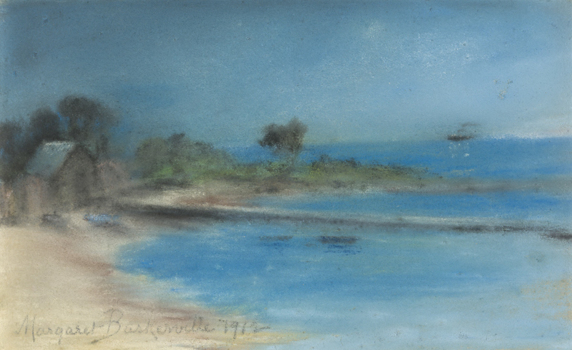 Pastel drawing of coastal scene with sandy bay at bottom and left with a jetty protruding roughly horizontally at centre. Bushes, trees and bathing box in background on the left. Sky and sea are blue. Ship on horizon. 