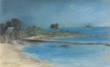 Pastel drawing of coastal scene with sandy bay at bottom and left with a jetty protruding roughly horizontally at centre. Bushes, trees and bathing box in background on the left. Sky and sea are blue. Ship on horizon. 