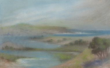 Pastel drawing of hazy coastal scene with cloudy sky above. Multiple spits of land intersecting water in foreground leading into sea and larger landmass in background