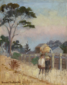 Two children walking side by side in foreground to the right with fence and barns behind them. Large tree to the left. More trees in background. Blue and pink sky.