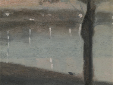Impressionist seascape in faded, muted and hazy colours. Tree trunk on the right, shore in foreground, water with reflected white lights at centre, other side of bay with white lights in background. Faded pink sky.