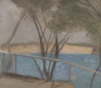Painting of a coastal view with handrail in foreground with slender tree branches behind. Blue water with sandy coloured cliff or beach in background. Grey sky.
