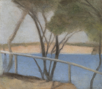 Painting of a coastal view with handrail in foreground with slender tree branches behind. Blue water with sandy coloured cliff or beach in background. Grey sky.
