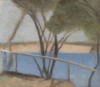 Painting of a coastal view with handrail in foreground with slender tree branches behind. Blue water with sandy coloured cliff or beach in background. Grey sky.