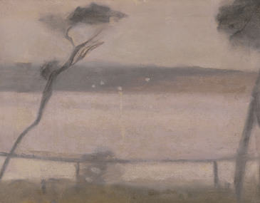 Painted scene of a seascape view at dusk in muted pink and grey colours. Handrail in foreground, slender tree trunks to either side, pink bay behind with lights reflected from opposite shore. Sky is pink. 