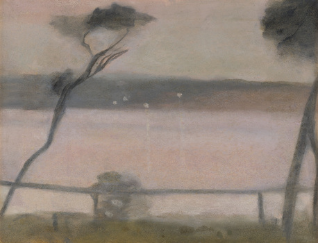 Painted scene of a seascape view at dusk in muted pink and grey colours. Handrail in foreground, slender tree trunks to either side, pink bay behind with lights reflected from opposite shore. Sky is pink.