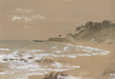 A landscape view of a sandy beach with some rocks and crashing waves. A pier rests in the background, accompanied by a  hill with trees. On the bottom of the hill, sits a stone hut. 