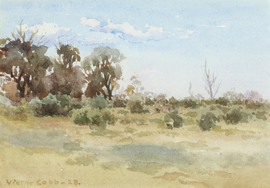 A sandy landscape scene of a dry grassland with a cluster of trees situated on the left side and vegetation running along the horizon line. The skies are bright blue with some clouds. There are some scattered trees in the distance on the right. 
