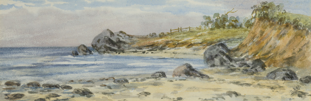 A coastline with rocky outcrops to the right, cloudy sky and rocks and sand in foreground. There is  an eroded earth cliff in the to the right and on a distant hill there is a timber fence line.