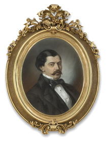 19th century oval pastel portrait of a gentleman with dark hair and moustache in dinner suit and bow tie. Housed in a decorative gold frame. 