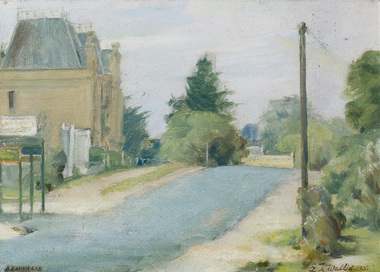 Painting of a straight road with buildings on left side. Buildings are mid-brown, with tall French provincial-style roofs. Power pole visible on right; vegetation to right and on horizon of image.