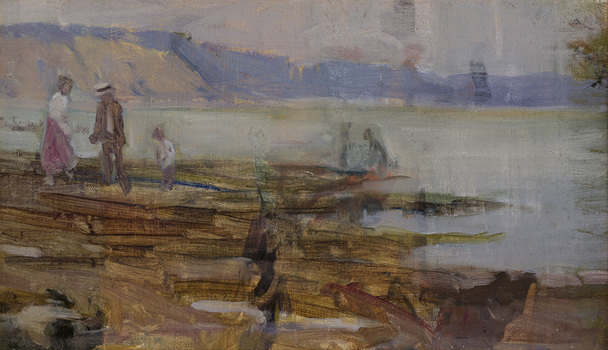 Painting in impressionist manner of a beach scene with figures scattered on a rocky outcrop in foreground. Water and hazy cliffs (Red Bluff) visible in background