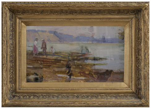 Painting in impressionist manner of a beach scene with figures scattered on a rocky outcrop in foreground. Water and hazy cliffs (Red Bluff) visible in background