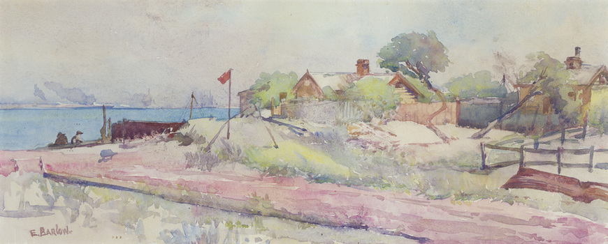 Watercolour painting of a coastal scene. Houses and trees on to the right, a boat and water to the left with ships and buildings in the far background. A path and grass in the foreground.