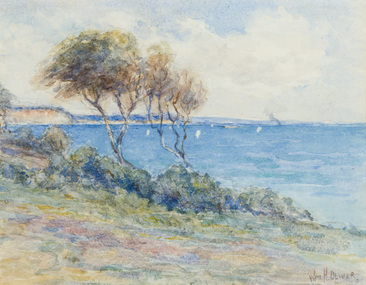 Watercolour of a coastline with cliffs in background to left; greenery and two trees in foreground, blue bay to the right and cloudy sky above.