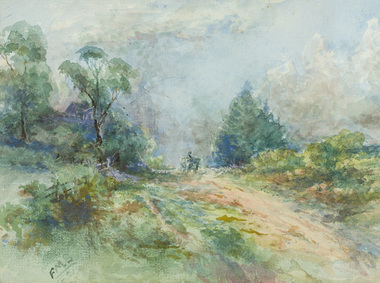 Watercolour depicting a figure on a horse on a dirt road surrounded by greenery and trees. To the left of the road is a fence and in the distance a house.