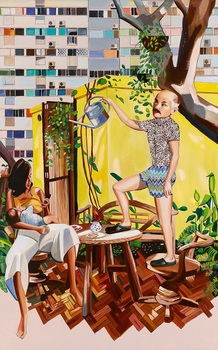 Painting of an exterior scene with a mother nursing baby while checking her phone, a bald man watering his plants beside her. Behind the couple's garden is a highrise building blocking out the sky.