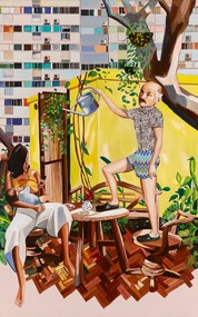 Painting of an exterior scene with a mother nursing baby while checking her phone, a bald man watering his plants beside her. Behind the couple's garden is a highrise building blocking out the sky.