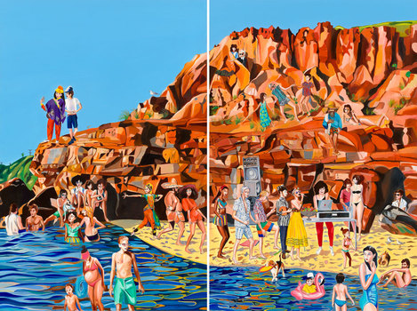 Painting of a beach party on two canvases. A large orange faceted rock formation is on the right, flat bright blue sky above. Far in the distance on the left are rolling green hills with power lines. A DJ is playing music on the sand, figures are scattered in the water, on the sand and on the red rocks, some are dancing