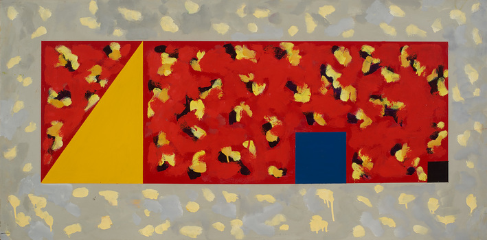 Abstract painting of geometric and organic shapes. Grey and lemon border and a red rectangular shape in the centre with yellow and black brush daubs and featuring large yellow triangle, blue square and smaller black square in lower right corner.