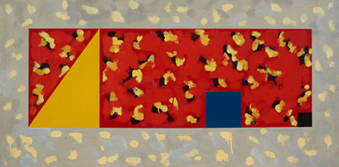 Abstract painting of geometric and organic shapes. Grey and lemon border and a red rectangular shape in the centre with yellow and black brush daubs and featuring large yellow triangle, blue square and smaller black square in lower right corner.