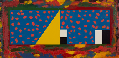 Abstract painting of geometric and organic shapes. Polychrome border and a blue rectangular shape in the centre with pink and orange brush daubs and featuring large yellow triangle, and a white and black rectangle right up against it and a white and black square in lower right corner.