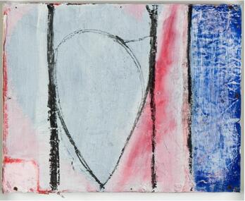 Abstract painting with white, blue and red background, black lines and a black arch and V shape in centre.