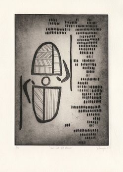Black and white etching with black and grey lines, boomerangs, circle and U-shapes with zigzags against white and grey background. 