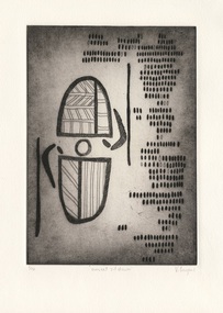 Black and white etching with black and grey lines, boomerangs, circle and U-shapes with zigzags against white and grey background. 