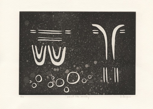 Black and white etching on paper. White lines, circles and U-shapes against black background with white border.