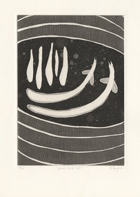 Black and white etching on paper. Two white eels and five yams against black background with white background.