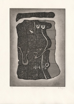 Black and white etching on paper. Two white eels and five yams against black background with white border. 