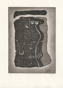Black and white etching on paper. Two white eels and five yams against black background with white border. 