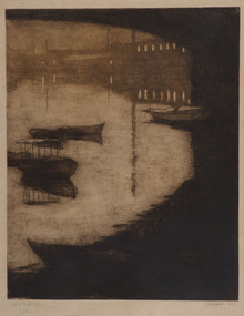 Black print on cream paper depicting Four boats on a a river, viewed from underneath a bridge. Reflections of bridge, boats and streetscape on water. Industrial building lining the river bank in the background.