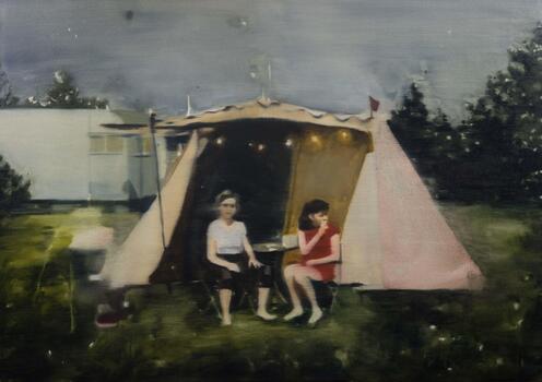 Painting of two women seated next to a round table under a canopied white tent which is adorned with fairy lights. Behind the tent to the left is a white caravan and surrounding trees. The painting is representational, however the subject is slightly blurred