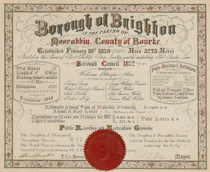 A certificate in mainly black, red and gold ink on cream paper, with decorative floral border. Gives details of the municipality and has a red wax seal at bottom of certificate.
