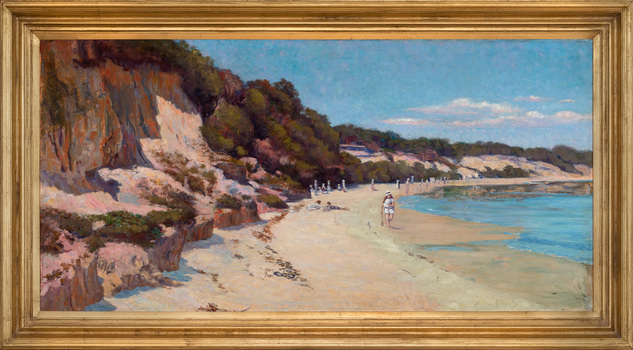 Painting in a gold frame of a panoramic beach scene with short sandy cliffs rising up on the left and above the shallow shoreline and water to the right. The beach winds around into the distance with figures scattered along the sand with blue skies above.