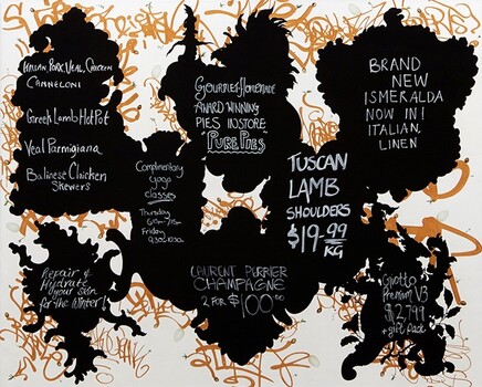 Representational and symbolic painting comprising motifs of advertising blackboards and local graffiti tags against a largely white background. The graffiti is in gold and the chalkboard writing is in white and lists various food items/yoga classes.
