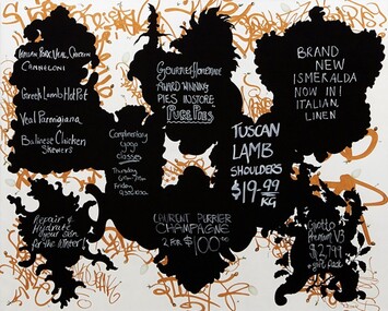 Representational and symbolic painting comprising motifs of advertising blackboards and local graffiti tags against a largely white background. The graffiti is in gold and the chalkboard writing is in white and lists various food items/yoga classes.