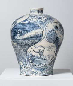  Large-scale blue and white ceramic, inspired by early Chinese willow-pattern vessels, depicting images of and social commentary around Victorian surfer Wayne Lynch.