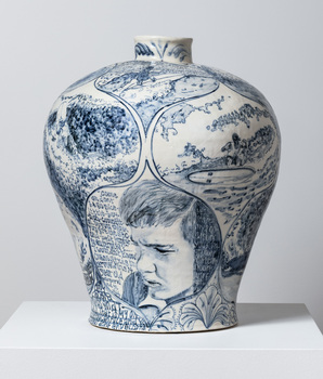  Large-scale blue and white ceramic, inspired by early Chinese willow-pattern vessels, depicting images of and social commentary around Victorian surfer Wayne Lynch.