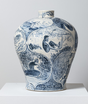 Large-scale blue and white ceramic, inspired by early Chinese willow-pattern vessels, depicting images of and social commentary around Victorian surfer Wayne Lynch