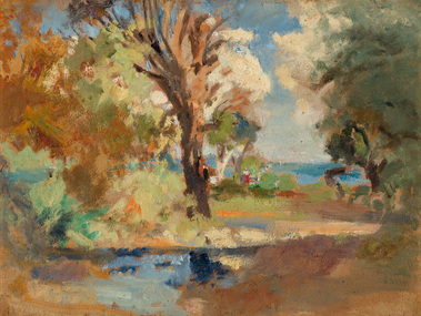 Painting depicting coastal landscape with large trees and vegetation on the laft and right side of the scene, with the distant blue water of the bay seen through the centre. In the foreground is a small body of water.