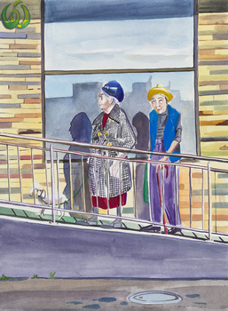 Exterior scene of two elderly women ascending a ramp. Reflected in the window behind the women are buildings and on the top left corner of the work is the insignia of Woolworths supermarket.