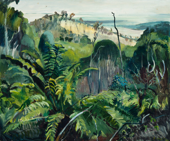  Landscape with large green fern in foreground with trees, other vegetation and hills in centre. Partially wooded hill in background.